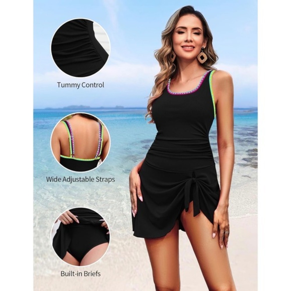 Zilcremo‎ Swimdress Women L Black NEW Tummy Control Neon Trim Side Tie Ribbed